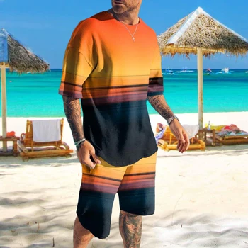 Гавайские мужские комплекты футболок с 3D принтом, Летняя повседневная футболка, Шорты, Комплект из двух предметов, Мужская одежда для пляжного отдыха большого размера с круглым вырезом