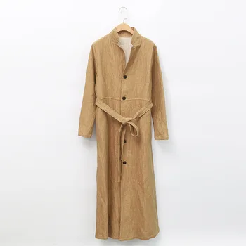Осенний женский двухслойный костюм из хлопка и льна с текстурой, окрашенной в пряжу, воротник, пояс, приталенный сверхдлинный тренч, пальто