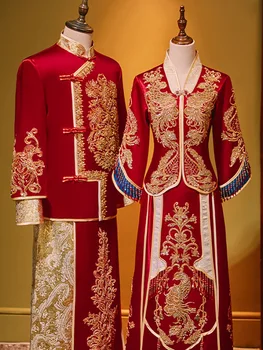 Жених и Невеста, Винтажное свадебное платье в Китайском стиле с пайетками Феникс, вышивка Бисером, Ципао, Красная атласная одежда Чонсам