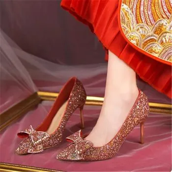 Блестящие туфли-лодочки с блестками, Женские туфли на высоком каблуке без застежки с милым бантом, Женские блестящие туфли на тонком каблуке Для свадебной вечеринки 2023