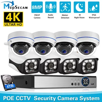 HD 8MP POE CCTV NVR Camera System 8-канальный Аудиомагнитофон Внешний Безопасный Комплект видеонаблюдения Securit для наружного и внутреннего видеонаблюдения