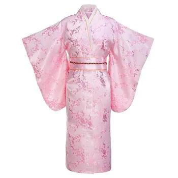 Розовый Цветочный принт, Юная Леди, Японское Традиционное Кимоно, Халат, платье с длинным рукавом, Вечернее платье для выпускного вечера, Атласная одежда с V-образным вырезом