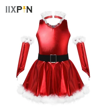 Детский рождественский танцевальный костюм для девочек, платье без рукавов с V-образным вырезом и оборками на поясе, открытая спина, искусственный мех по подолу, манжеты на рукавах с разрезом