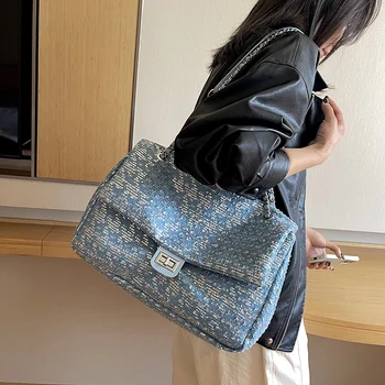 Джинсовая сумка на цепочке, женская сумка большой емкости, Повседневная сумка-мессенджер, Модная дизайнерская синяя сумка через плечо, женская сумка с блестками