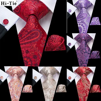 Hi-Tie Мужской Галстук Красного, синего, фиолетового цвета, Шелковый свадебный галстук с Пейсли, мужской Платок, запонка, подарочный набор Галстуков для деловых вечеринок, модный дропшиппинг