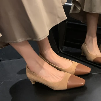Весенне-осенняя женская обувь с квадратным носком, из матовой воловьей кожи, на среднем каблуке, простая повседневная женская обувь