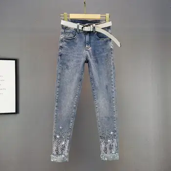 Европейские джинсы с пайетками hot drill small foot, женские джинсы 2021, весна и осень, новые тонкие брюки-карандаш с высокой талией
