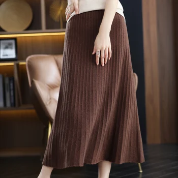 женская осенне-зимняя юбка из 100% чистой шерсти, новая однотонная юбка с завышенной талией в стиле джокер, длинная кашемировая юбка-сумка в виде буквы 