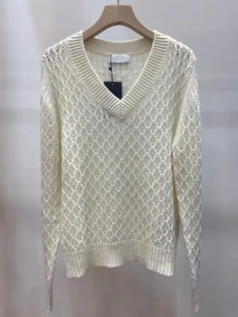 Винтажный кашемировый свитер с V-образным вырезом и длинным рукавом, вязаный с бриллиантами, женский новый модный роскошный пуловер на осень и зиму