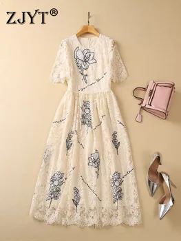 ZJYT, Кружевное платье с цветочной вышивкой, Женское Элегантное Дизайнерское вечернее платье с коротким рукавом до середины икры, Повседневное Винтажное праздничное платье
