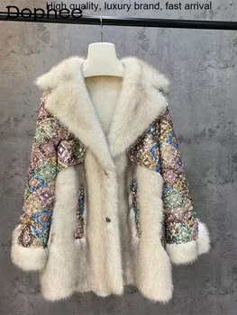 Тяжелое пальто с блестками Diomand, Женское зимнее Новое Пальто средней длины из овечьей шерсти, Модная толстая теплая кожаная куртка с мехом, пальто