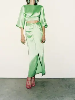 Летняя женская зеленая шелковая атласная ткань с длинным рукавом и открытой спиной, дизайн с бабочкой, сумка с разрезом, костюм с юбкой на бедрах