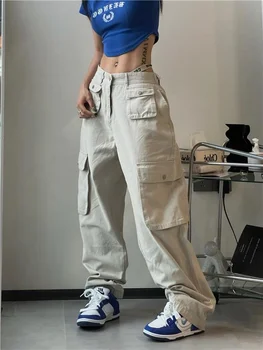 Новые Женские брюки-карго с карманами, Винтажные свободные брюки Y2K с высокой талией, повседневные женские брюки в стиле Уличный хип-хоп
