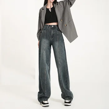 Американские винтажные выстиранные голубовато-серые джинсы с завязками, Женские Демисезонные Повседневные Модные Прямые нейтральные джинсовые брюки, Женские