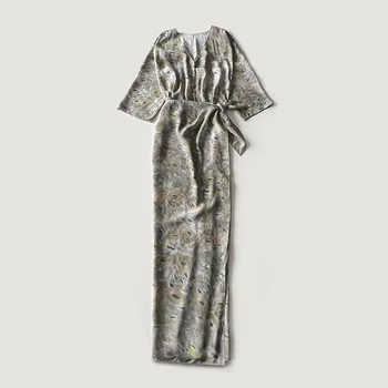 Женская длинная юбка CORTAN @ с абстрактным принтом, на шнуровке, с V-образным вырезом и пуговицами на талии, Шелковое платье зеленого тона