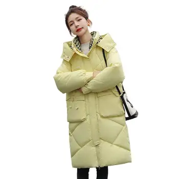 Модный клетчатый лоскутный пуховик ярких цветов средней длины, осенне-зимний пуховик с капюшоном, пальто с хлопковой подкладкой с большим карманом