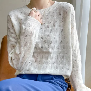 Весенне-новый кашемировый свитер, Женский Пуловер большого размера, Свободный Тонкий камвольный свитер из чистой шерсти, базовая рубашка из полой вязки, Женский топ