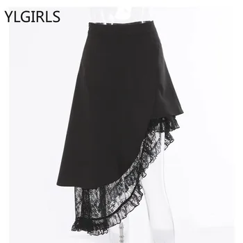 2023, Летняя винтажная корейская ретро-уличная Нерегулярная кружевная юбка в стиле пэчворк с низкой талией, Уличная модная юбка