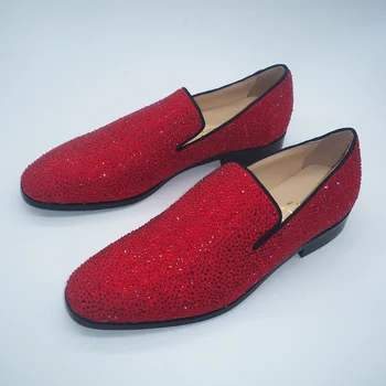 Классические Модные Красные лоферы со стразами, мужские модельные туфли ручной работы, мужская Кожаная обувь без застежки, обувь для вечеринок и свадьбы