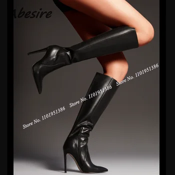 Abesire/ Черные Однотонные Короткие Ботинки с боковой молнией до колена, Женские Туфли на Шпильке с острым Носком, Зимние Zapatillas Mujer