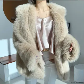 Зимняя женская куртка из искусственного меха, пальто из искусственного лисьего меха, воротник костюма, Теплое Свободное розовое женское пальто, Корейское женское эко-пальто