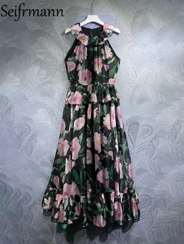 Seifrmann, Высококачественное Осеннее женское Модное длинное платье для подиума без рукавов с высокой талией и цветочным принтом, оборки на подоле, Платья большого размера