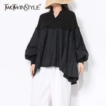 TWOTWINSTYLE, Черная Плиссированная трикотажная рубашка в стиле пэчворк Для женщин, Осенняя повседневная блузка с V-образным вырезом и длинным рукавом, Женская Модная Новая Одежда