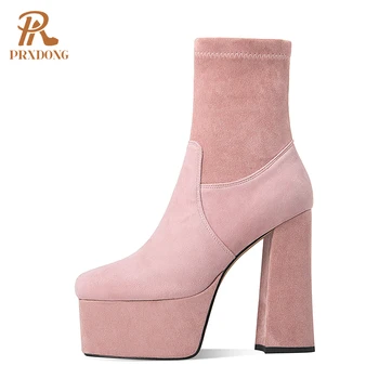 Женские ботинки на высоком каблуке 2021 г., Женская обувь на толстой платформе, ботильоны из флока, лаконичная однотонная женская обувь розового, черного цвета, Осень-зима