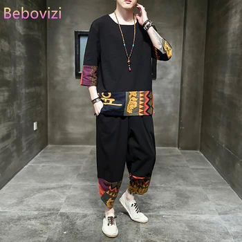Плюс Размер M-5XL, Свободный Модный Черный Хлопчатобумажный Льняной Костюм, Летняя Традиционная китайская Одежда в Стиле Orient Tang Hanfu для Мужчин, Комплекты