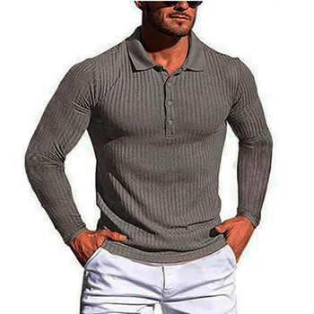 Новая Мужская одежда для бега и фитнеса, Летняя Высокоэластичная рубашка в вертикальную полоску с длинными рукавами и отворотами, тонкие топы