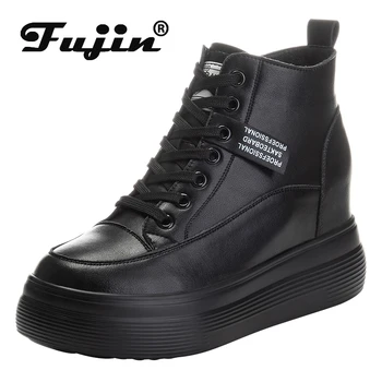Кроссовки Fujin на платформе 8 см на танкетке, Женская обувь из натуральной кожи, Весенне-осенняя Обувь, Черные Модные Кроссовки, Летняя обувь