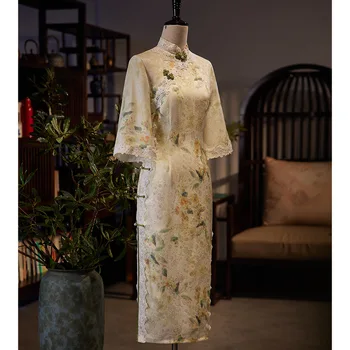 Китайский Национальный кружевной Чонсам с пуговицами, Винтажное женское длинное платье с цветочным принтом Qipao