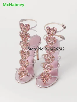 Розовые Блестящие Босоножки с рисунком Любви, Роскошные Дизайнерские Босоножки с пряжкой Для женщин 2023, Модная обувь с круглым носком на тонком высоком каблуке