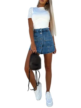 Джинсовые шорты трапециевидной формы с высокой талией, передними карманами и застежкой на пуговицы - Шорты-мини-джинсовая юбка для повседневной летней женской одежды