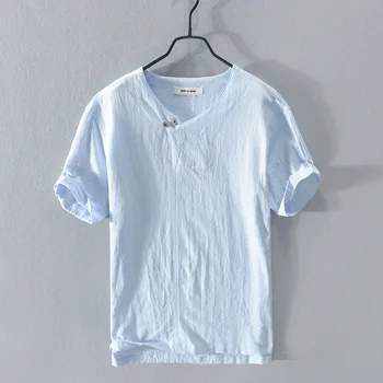 2022 новая рубашка с пуговицами из 100% хлопка и льна, мужская летняя тонкая футболка с короткими рукавами, летний повседневный топ со средним рукавом