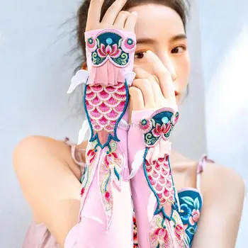 китайский этнический стиль, защита от солнца, вышивка, защита на длинные руки, летние новые тонкие декоративные перчатки с голыми пальцами, маска для женщин