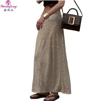 Женская Длинная юбка с пайетками Yuxinfeng, Европейская новинка Осени 2023, уличная мода, легкие блестящие прямые Свободные юбки Макси с высокой талией