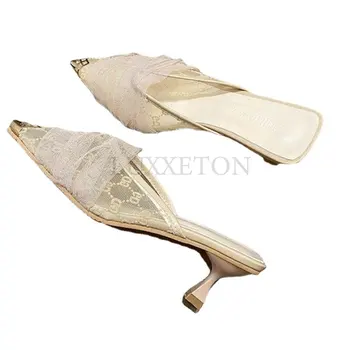 Тапочки Heihaian Baotou / элегантные сетчатые тапочки с феей ветра на высоком каблуке 2023, летние новые женские тапочки с заостренным носком