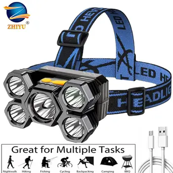 Портативный 5-ти налобный фонарь с USB зарядкой, мощный светодиодный налобный фонарик для ночной рыбалки, Уличный шахтерский фонарь и скалолазания