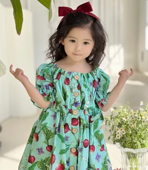 детское платье, летняя одежда для маленьких девочек, хлопковое модное хлопковое зеленое платье с короткими рукавами и цветочным принтом в винтажном стиле
