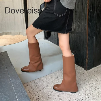 Женская обувь Dovereiss / Новинка 2023 года, зимние модные Пикантные черные сапоги до колена из натуральной кожи с квадратным носком на массивном каблуке Пикантного черного цвета без застежки