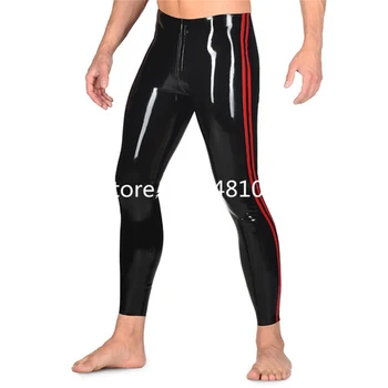 Облегающие леггинсы из натурального латекса для мужчин, Сексуальные штаны из латексной резины, черные с красным