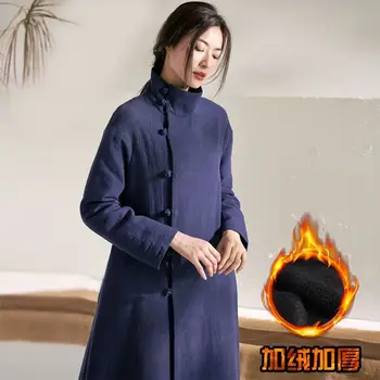 Зимнее китайское свободное платье чонсам, утолщающее ципао с длинным рукавом, хлопчатобумажный халат ципао синей линии, китайское праздничное чайное платье дзен