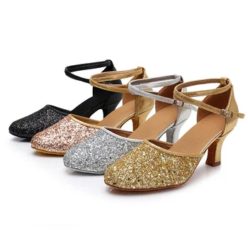 Женская обувь для латиноамериканских танцев, женская современная танцевальная обувь на мягкой подошве, каблук 7 см, обувь для взрослых, расшитая блестками, Национальный стандарт для танцев Ча-ча