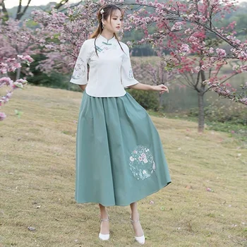 Традиционная китайская одежда для женщин, Модный Костюм с вышивкой, Топ + юбка, комплект из 2 предметов