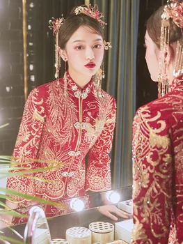 Китайский Стиль Xiuhe, Свадебная Одежда, Новинка 2023, Пара, Вышивка Красного Феникса, Традиционное Свадебное платье Cheongsam Qipao, Размер S-6XL