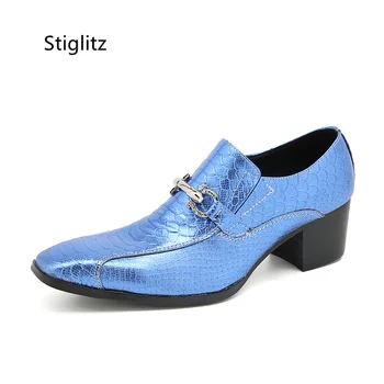 Золотисто-голубая кожаная обувь с металлической пряжкой для мужчин, Повседневная мужская обувь на высоком каблуке в деловом стиле, Однотонная обувь без застежки для рабочих вечеринок