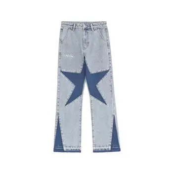 джинсы в стиле хай-стрит в стиле хип-хоп с пятью звездочками, ретро, моющиеся, свободные прямые брюки, модная винтажная одежда, мешковатые джинсы-карго