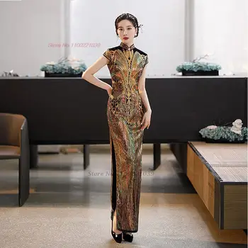 2023 традиционное китайское платье улучшенный чонсам, национальный бархатный ципао с блестками, элегантное банкетное вечернее платье vestido qipao