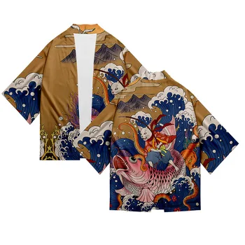Японская Рубашка-кимоно для Рыбалки Ukiyoe, костюм с 3D Принтом, модные мужские топы с рукавами в семь точек, кардиган, куртка, уличная одежда